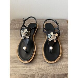Pertini Black Jeweled Leather thong sandals ankle buckle Women's Sz 8 Made Spain